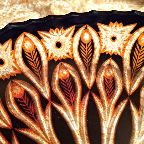 Vintage Czech Bohemian Cut to Clear 12.5" Bowl Feather Pattern Brown Orange - Picture 15 of 16